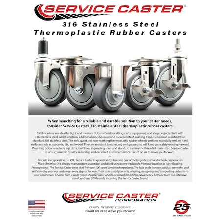 Service Caster 3.5 Inch 316SS Thermoplastic Rubber 10mm Stem Caster Lock Brake SCC, 2PK SS316TSTTL20S3514-TPRB-M1015-2-S2